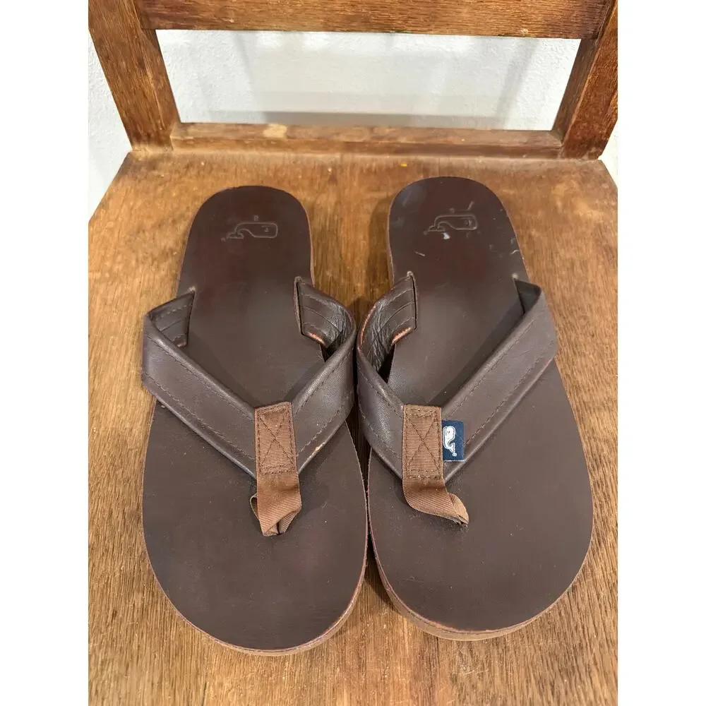 Men's Vineyard Vines Brown Leather Flip Flops Size 8